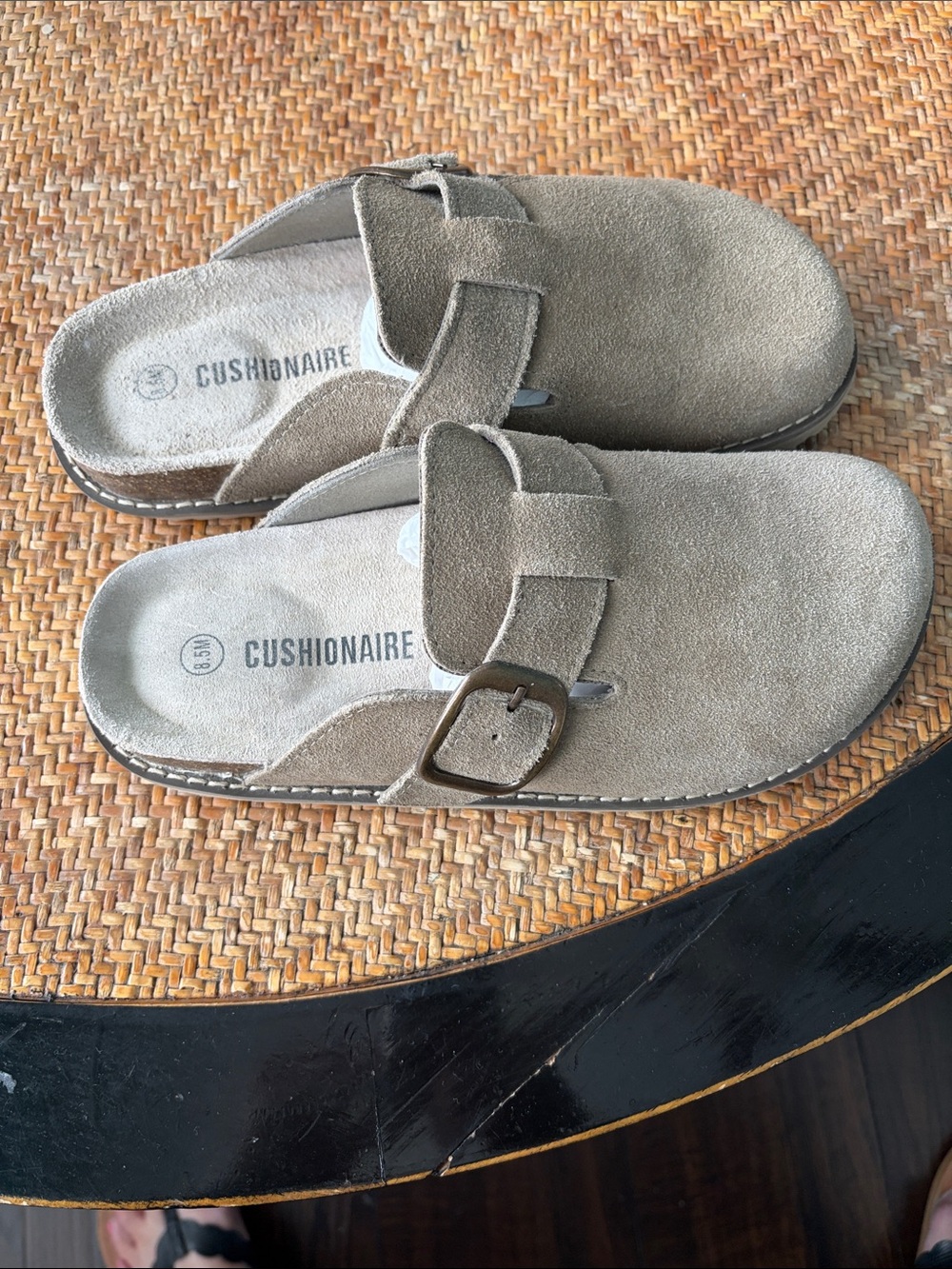 Cushionaire Taupe Suede Buckle Mules